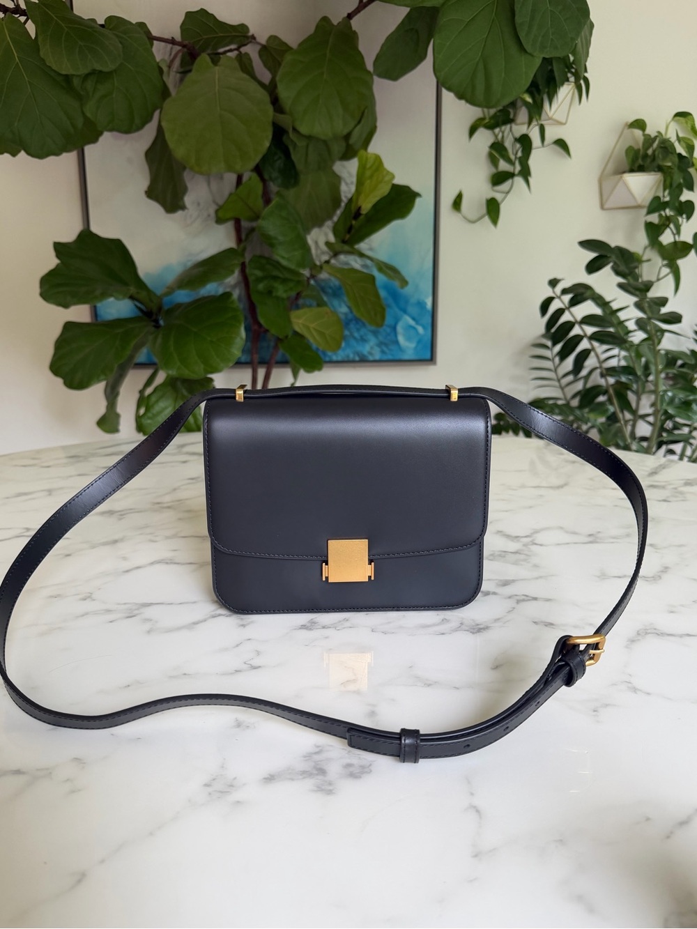 NWT Quince Italian Leather Box Shoulder Bag Black Gold Convertible Crossbody